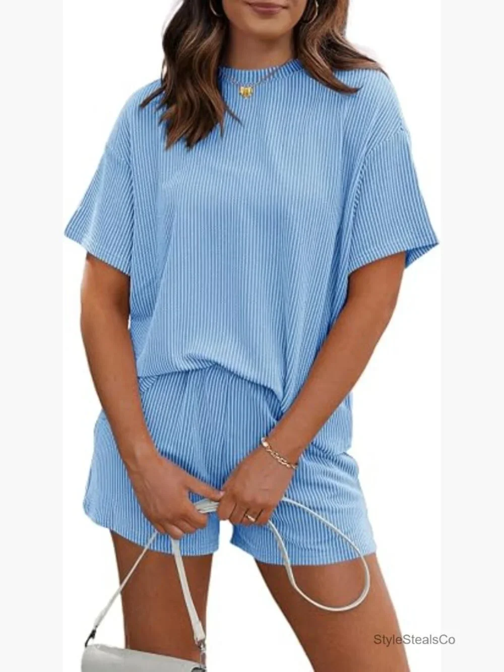 Ribbed Knit Lounge Shorts Set - Two Piece Matching Tracksuit